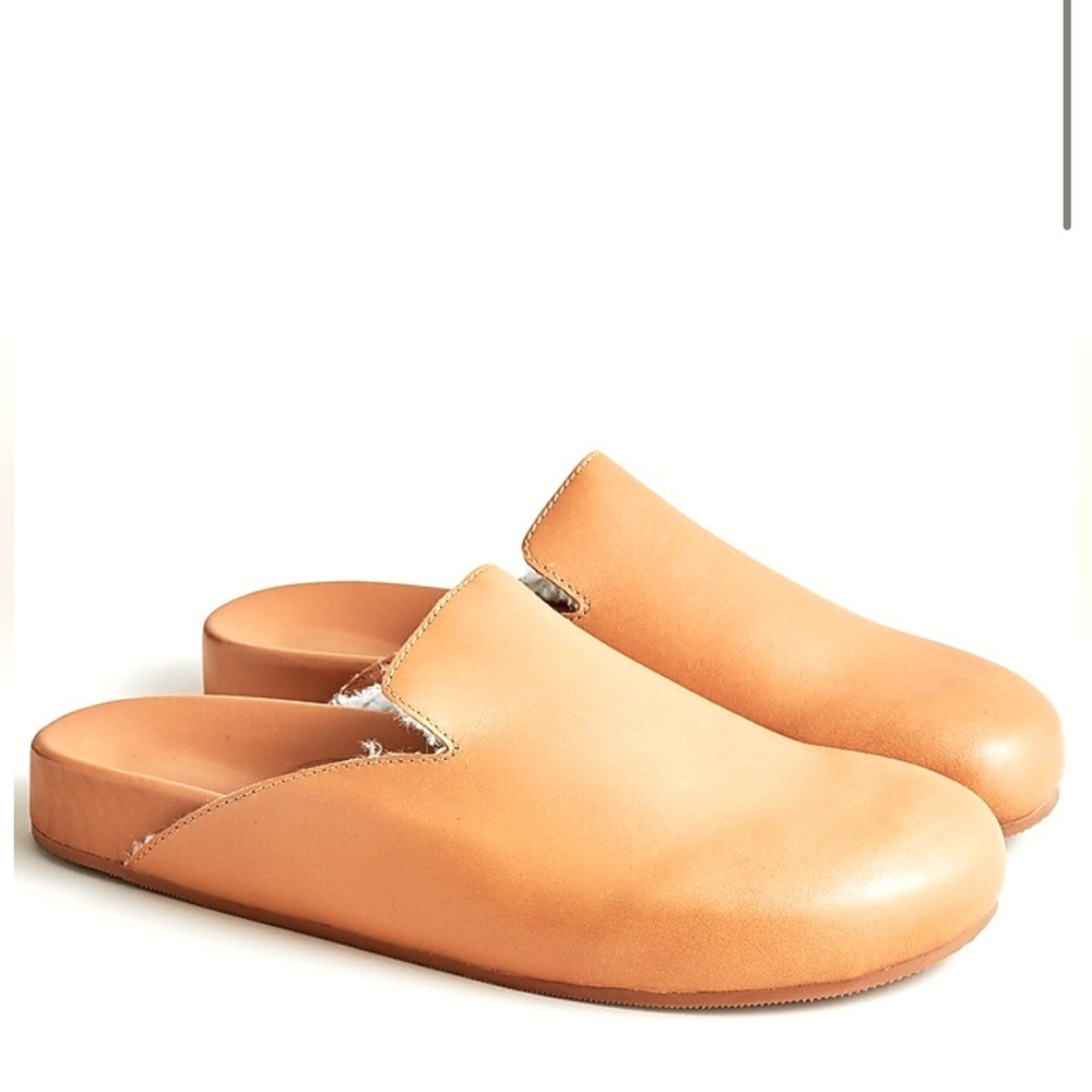 J Crew Pacific Toasted Wheat Sherpa Lined Leather Women’s Mules Clogs Slide 9.5